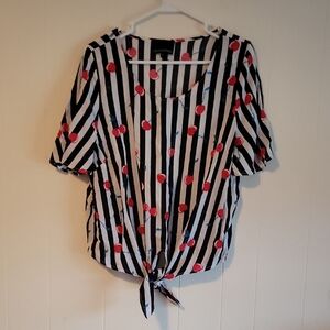 Cynthia Rowley Black and White Striped Tie Front Blouse Red Cherries Size XL